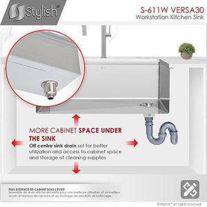 30 inch Workstation Single Bowl Undermount 16 Gauge Stainless Steel Kitchen Sink with Built in Accessories, by Stylish S-611W Versa30