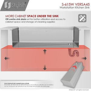 45 inch Ledge Workstation Single Bowl Undermount 16 Gauge Stainless Steel Kitchen Sink with Built in Accessories, by Stylish S-615W Versa45