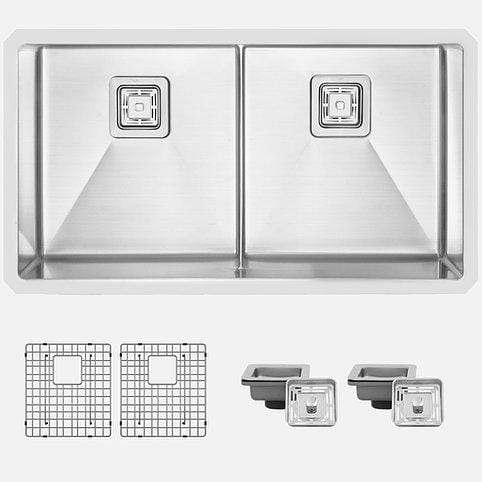 Spazio 33 in Double Bowl Kitchen Sink, 16 Gauge Stainless Steel with Grids  and Square Basket Strainers, by Stylish