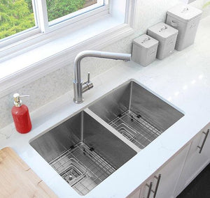 30 in Double Bowl Kitchen Sink, 16 Gauge Stainless Steel with Grids and Square Strainers, by Stylish S-504XG Morion
