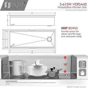 45 inch Ledge Workstation Single Bowl Undermount 16 Gauge Stainless Steel Kitchen Sink with Built in Accessories, by Stylish S-615W Versa45