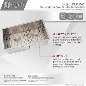 32 in Double Bowl Kitchen Sink, 16 Gauge Stainless Steel with Grids and Basket Strainers, by Stylish® S-325XG Roomy