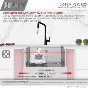 25 inch Workstation Single Bowl Undermount 16 Gauge Stainless Steel Kitchen Sink with Built in Accessories, by Stylish S-612W Versa25