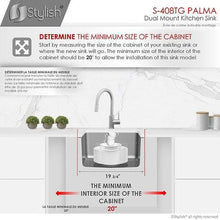 Load image into Gallery viewer, 19 in Dual Mount Single Bowl Kitchen Sink, 18 Gauge Stainless Steel with Standard Strainer, by Stylish S-408TG Palma