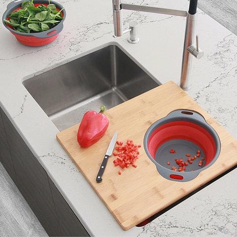 RW Base Gray Plastic Over The Sink Cutting Board - with Collapsible Strainer - 19 3/4 inch x 11 1/4 inch - 1 Count Box