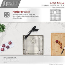 Load image into Gallery viewer, 19 in Single Bowl Kitchen Sink, 16 Gauge Stainless Steel with Grid and Basket Strainer, by Stylish S-308XG Aqua