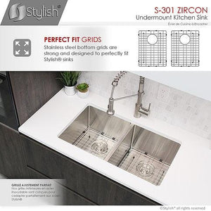 32 in Double Bowl Kitchen Sink, 18 Gauge Stainless Steel with Grids and Basket Strainers, by Stylish S-301G Zircon