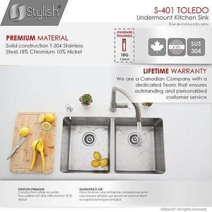 31 in Undermount Double Bowl Kitchen Sink, 18 Gauge Stainless Steel with Grids and Standard Strainers, by Stylish S-401G Toledo