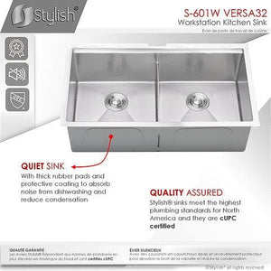 32 inch Workstation Double Bowl Undermount 16 Gauge Stainless Steel Kitchen Sink with Built in Accessories, by Stylish S-601W Versa32