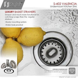 31 in Undermount Single Bowl Kitchen Sink, 18 Gauge Stainless Steel with Standard Strainers, by Stylish® S-402 Valencia