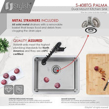 Load image into Gallery viewer, 19 in Dual Mount Single Bowl Kitchen Sink, 18 Gauge Stainless Steel with Standard Strainer, by Stylish S-408TG Palma