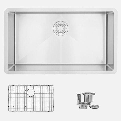 32 in Single Bowl Kitchen Sink, 16 Gauge Stainless Steel with Grid and Basket Strainer, by Stylish® S-323XG Ruby