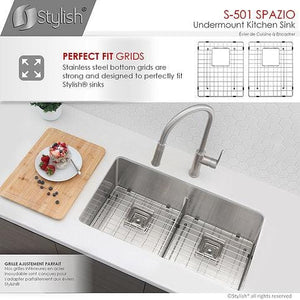 33 in Double Bowl Kitchen Sink, 16 Gauge Stainless Steel with Grids and Square Basket Strainers, by Stylish S-501XG Spazio