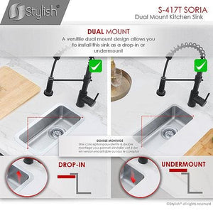9 in Dual Mount Single Bowl Bar Sink, 18 Gauge Stainless Steel with Standard Strainer, by Stylish S-417T Soria