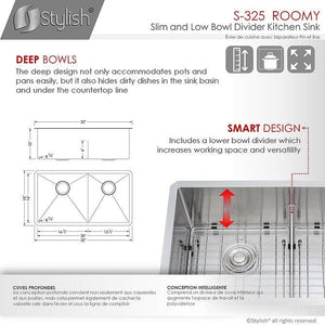 Roomy 32 in Double Bowl Kitchen Sink, 16 Gauge Stainless Steel with Grids and Basket Strainers, by Stylish®