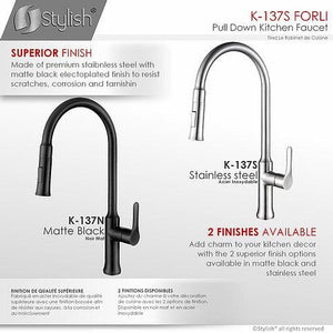 Single Handle Pull Down Kitchen Faucet - Matte Black Finish by Stylish K-137N