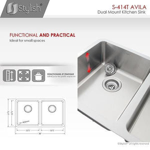 30 in Dual Mount Double Bowl Kitchen Sink, 18 Gauge Stainless Steel with Standard Strainers, by Stylish S-414T Avila