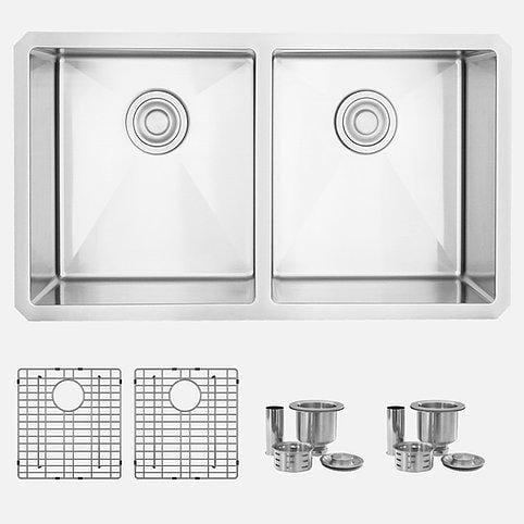 32 in Double Bowl Kitchen Sink, 18 Gauge Stainless Steel with Grids and Basket Strainers, by Stylish S-301G Zircon