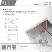 Load image into Gallery viewer, Druzy 15 in Single Bowl Bar Sink, 18 Gauge Stainless Steel with Grid and Basket Strainer, by Stylish