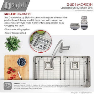 30 in Double Bowl Kitchen Sink, 16 Gauge Stainless Steel with Grids and Square Strainers, by Stylish S-504XG Morion