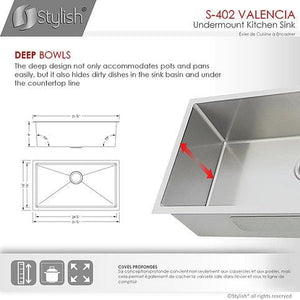 31 in Undermount Single Bowl Kitchen Sink, 18 Gauge Stainless Steel with Grids and Standard Strainers, by Stylish S-402G Valencia