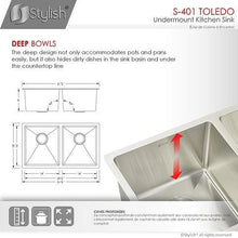 Load image into Gallery viewer, 31 in Undermount Double Bowl Kitchen Sink, 18 Gauge Stainless Steel with Grids and Standard Strainers, by Stylish S-401G Toledo