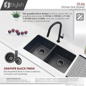 3.5 Inch Graphite Black Stainless Steel Kitchen Sink Strainer with Removable Basket, Strainer Assembly by Stylish ST-06