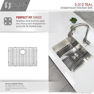 25 in Single Bowl Kitchen Sink, 16 Gauge Stainless Steel with Grid and Basket Strainer, by Stylish S-312XG Teal