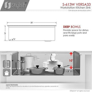 30 inch Workstation Single Bowl Undermount 16 Gauge Stainless Steel Kitchen Sink with Built in Accessories, by Stylish S-613W Versa33