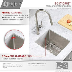 Druzy 15 in Single Bowl Bar Sink, 18 Gauge Stainless Steel with Grid and Basket Strainer, by Stylish