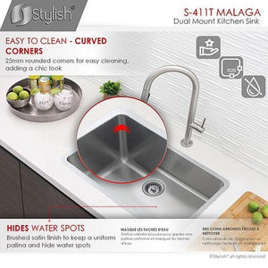 29 in Dual Mount Single Bowl Kitchen Sink, 18 Gauge Stainless Steel with Standard Strainers, by Stylish S-411T Malaga