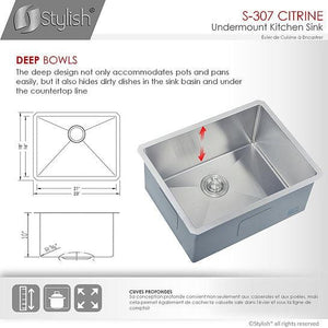 23 in Single Bowl Kitchen Sink, 16 Gauge Stainless Steel with Grid and Basket Strainer, by Stylish S-307XG Citrine