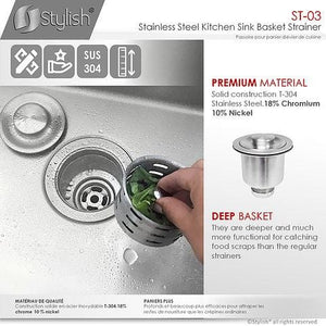 3.5 Inch Stainless Steel Kitchen Sink Extra Deep Strainer with Removable Basket, Strainer Assembly by Stylish ST-03