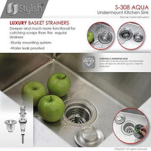 Load image into Gallery viewer, 19 in Single Bowl Kitchen Sink, 16 Gauge Stainless Steel with Grid and Basket Strainer, by Stylish S-308XG Aqua
