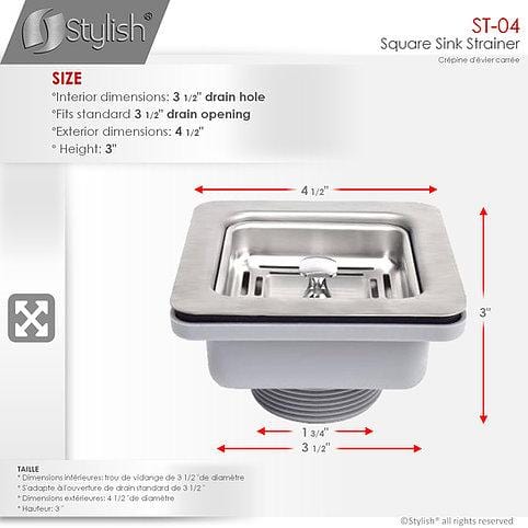 Stylish 3.5 inch Stainless Steel Kitchen Sink Extra Deep Strainer with Removable Basket, Strainer Assembly, Silver St-03