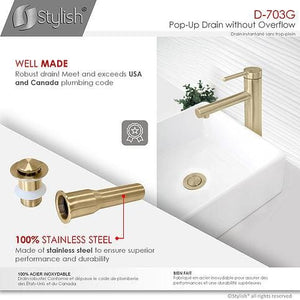 Stainless Steel Bathroom Sink Pop-Up Drain without Overflow Brushed Gold Finish by Stylish D-703G