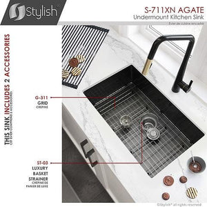 30 inch Graphite Black Single Bowl Undermount Stainless Steel Kitchen Sink with Grid and Basket Strainer, by Stylish S-711XN Agate