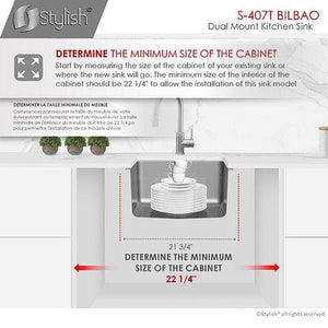 22 in Dual Mount Single Bowl Kitchen Sink, 18 Gauge Stainless Steel with Standard Strainer, by Stylish S-407T Bilbao