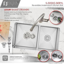 Load image into Gallery viewer, 33 in Double Bowl 60/40 Reversible Undermount Kitchen Sink, 16 Gauge Stainless Steel with Grids and Basket Strainers, by Stylish S-322XG Beryl