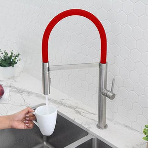 Stainless Steel Single Handle Pull Out Dual Mode Kitchen Sink Faucet with Red Spout Hose by Stylish K-140R