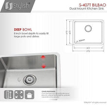 Load image into Gallery viewer, 22 in Dual Mount Single Bowl Kitchen Sink, 18 Gauge Stainless Steel with Standard Strainer, by Stylish S-407T Bilbao