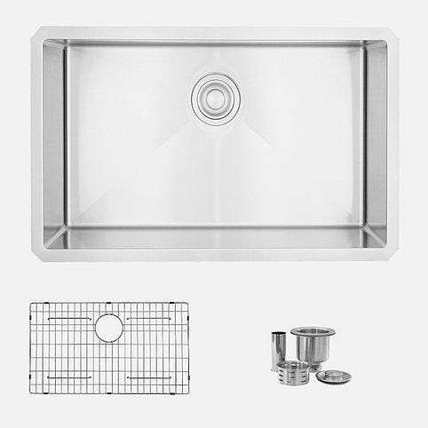 Zafiro 30 in Single Bowl Kitchen Sink, 16 Gauge Stainless Steel with Grid and Basket Strainer, by Stylish