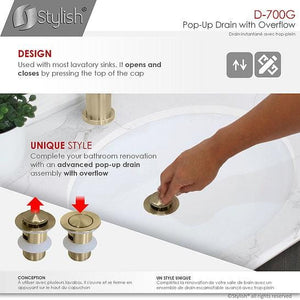 Stainless Steel Bathroom Sink Pop-Up Drain with Overflow Brushed Gold Finish by Stylish D-700G