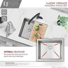 Load image into Gallery viewer, 22 inch Workstation Single Bowl Undermount 16 Gauge Stainless Steel Kitchen Sink with Built in Accessories, by Stylish S-622W Versa22