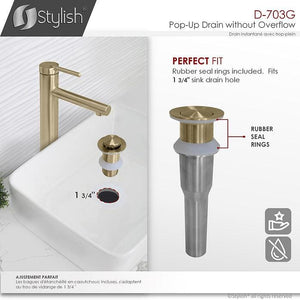 Stainless Steel Bathroom Sink Pop-Up Drain without Overflow Brushed Gold Finish by Stylish