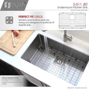 30 in Single Bowl Kitchen Sink, 16 Gauge Stainless Steel with Grid and Square Strainer, by Stylish S-511XG Jet
