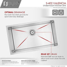 Load image into Gallery viewer, 31 in Undermount Single Bowl Kitchen Sink, 18 Gauge Stainless Steel with Standard Strainers, by Stylish® S-402 Valencia