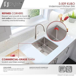 16 in Single Bowl Bar Sink, 16 Gauge Stainless Steel with Grid and Square Strainer, by Stylish S-509XG Kubo