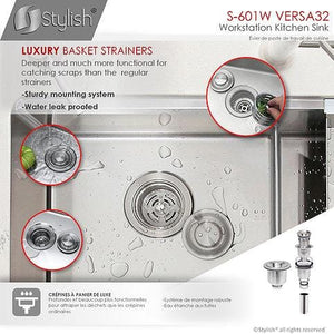 32 inch Workstation Double Bowl Undermount 16 Gauge Stainless Steel Kitchen Sink with Built in Accessories, by Stylish S-601W Versa32