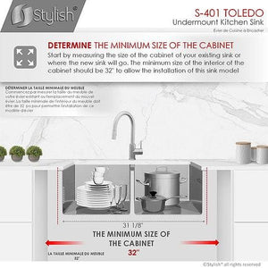 31 in Undermount Double Bowl Kitchen Sink, 18 Gauge Stainless Steel with Standard Strainers, by Stylish S-401 Toledo